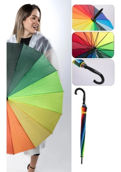 Özel Tasarım Rüzgara Dayanıklı Otomatik Model Fiber 16 Telli Gökkuşağı Desenli Baston Şemsiye 55CM indirimleri