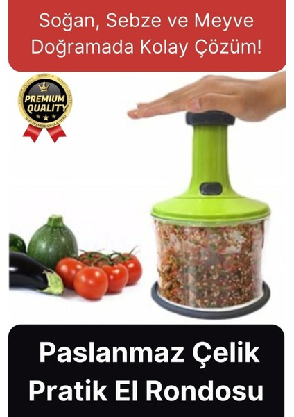 Premium Pratik Paslanmaz Çelik Sebze Meyve Soğan Doğrama Bıçaklı Üstten Basmalı El Rondosu Blender