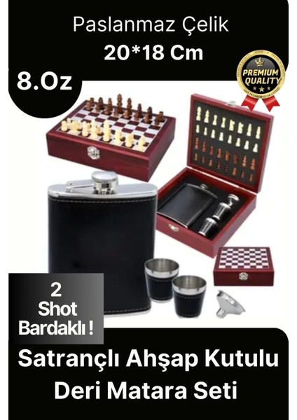 Deluxe Paslanmaz Çelik 8.oz 2 Shot Bardaklı Satrançlı Ahşap Kutulu Alkol Deri Matara Seti 20*18 cm