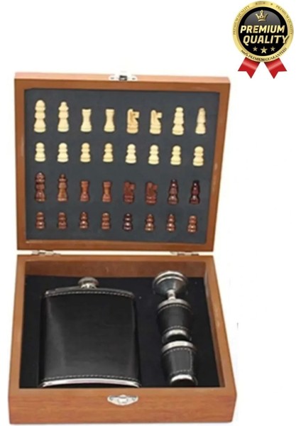 Deluxe Paslanmaz Çelik 8.oz 2 Shot Bardaklı Satrançlı Ahşap Kutulu Alkol Deri Matara Seti 20*18 cm