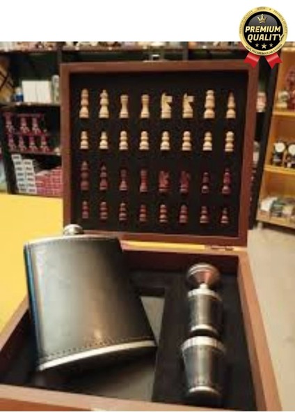 Deluxe Paslanmaz Çelik 8.oz 2 Shot Bardaklı Satrançlı Ahşap Kutulu Alkol Deri Matara Seti 20*18 cm