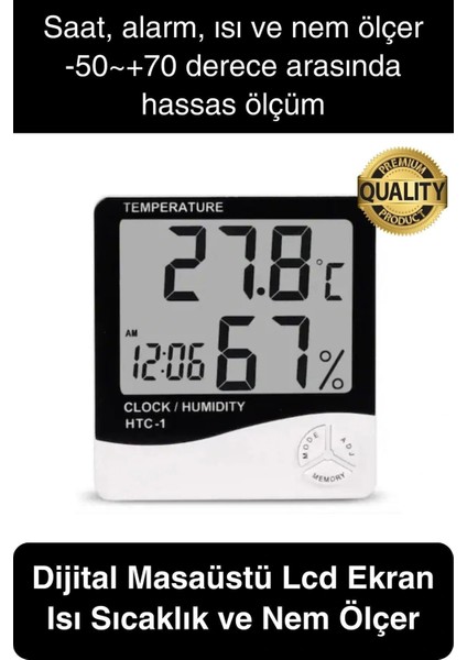 Premium Dijital Masaüstü LCD Ekran Isı Sıcaklık ve Nem Ölçer Termometre Saat Alarm Pilli Beyaz