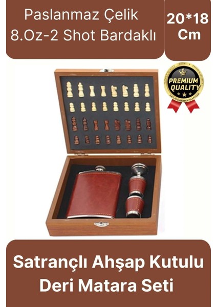 Deluxe Paslanmaz Çelik 8.oz 2 Shot Bardaklı Satrançlı Ahşap Kutulu Alkol Deri Matara Seti 20*18 cm