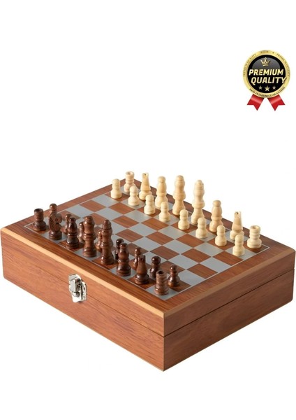 Deluxe Paslanmaz Çelik 8.oz 2 Shot Bardaklı Satrançlı Ahşap Kutulu Alkol Deri Matara Seti 20*18 cm