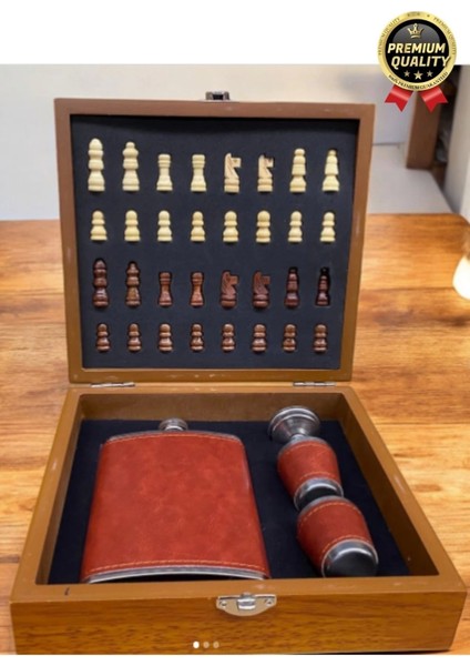 Deluxe Paslanmaz Çelik 8.oz 2 Shot Bardaklı Satrançlı Ahşap Kutulu Alkol Deri Matara Seti 20*18 cm