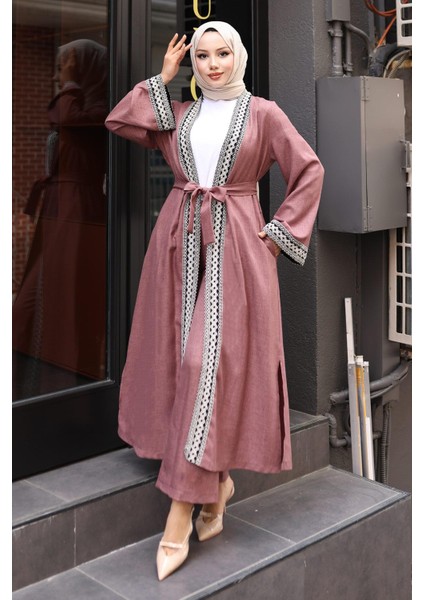 Etnik Desenli Kimono Takım Gül Kurusu 19251