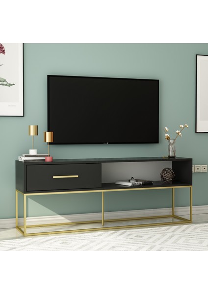 Mira Tv Ünitesi 160 cm – Kapaklı ve Raflı, Gold Ayak, Modern Tasarım