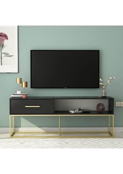 Mira Tv Ünitesi 160 cm – Kapaklı ve Raflı, Gold Ayak, Modern Tasarım