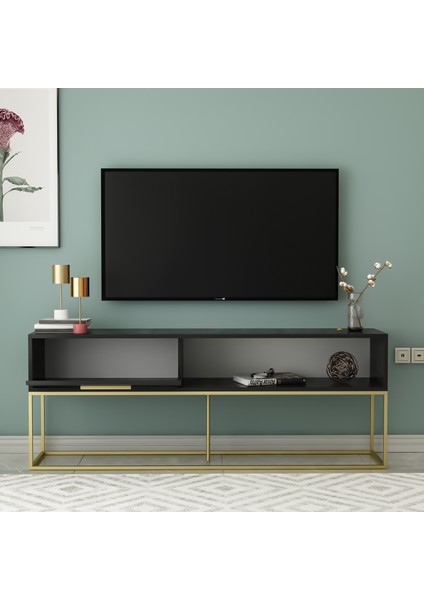 Mira Tv Ünitesi 160 cm – Kapaklı ve Raflı, Gold Ayak, Modern Tasarım