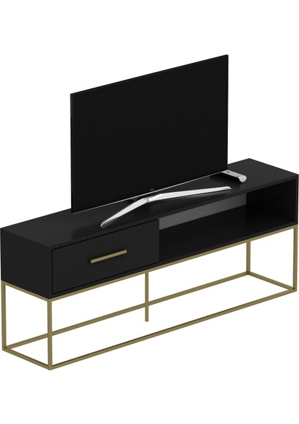 Mira Tv Ünitesi 160 cm – Kapaklı ve Raflı, Gold Ayak, Modern Tasarım