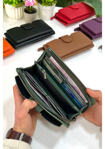 Unisex Haki Yeşil Zurich Hakiki Deri Telefon Bölmeli Cüzdan fırsatları