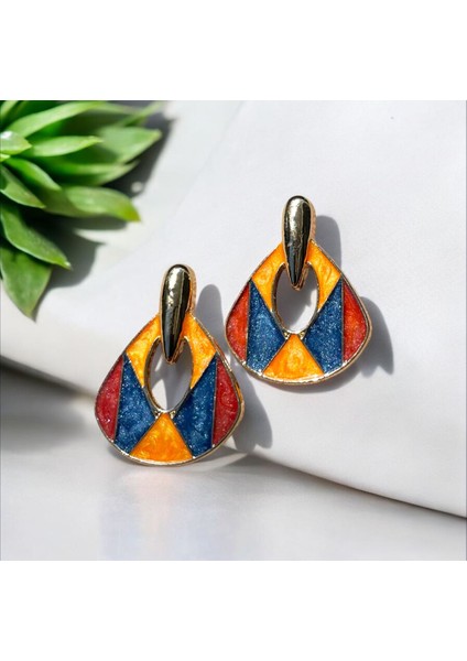 Renkli Geometrik Desenli Altın Kaplama Küpe