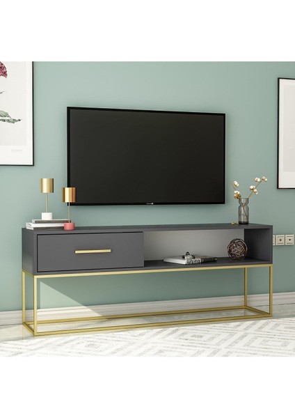 Mira TV Ünitesi 160 cm – Kapaklı ve Raflı, Gold Ayak, Modern Tasarım, Antrasit/Gold