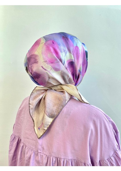Nude-Lila Soyut Yaprak Desen Tivil Ipek Eşarp 3859