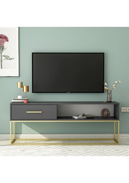Mira TV Ünitesi 160 cm – Kapaklı ve Raflı, Gold Ayak, Modern Tasarım, Antrasit/Gold