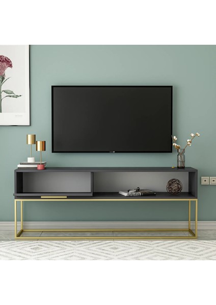 Mira TV Ünitesi 160 cm – Kapaklı ve Raflı, Gold Ayak, Modern Tasarım, Antrasit/Gold