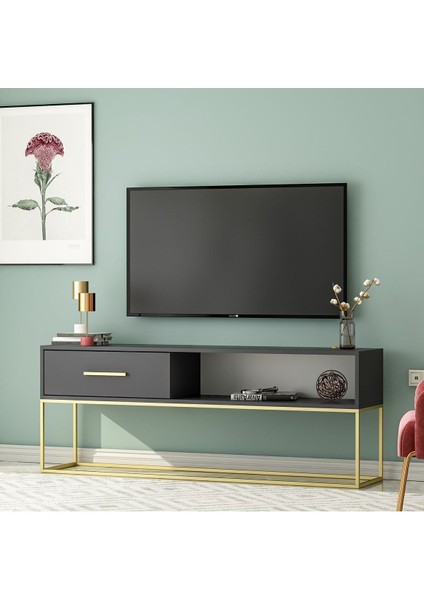 Mira TV Ünitesi 160 cm – Kapaklı ve Raflı, Gold Ayak, Modern Tasarım, Antrasit/Gold