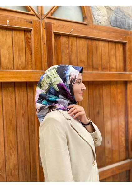 Lacivert Geometrik Desen Tivil Ipek Eşarp 3575