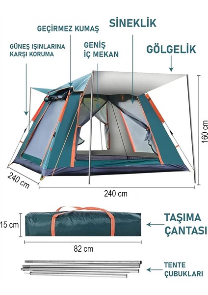 4 Kişilik Tam Otomatik Tenteli Kamp Çadırı 240X240X160