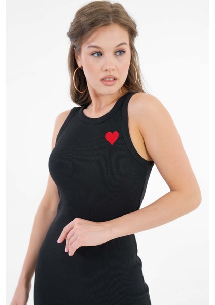 Siyah Bisiklet Yaka Kalp Baskılı Fitilli Bodycon Örme Midi Elbise