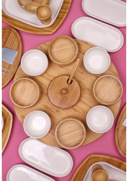 Natural Look 6 Kişilik 68 Parça Seramik ve Bambu Kahvaltı Takımı Lüks Kahvaltılık Sunum Seti