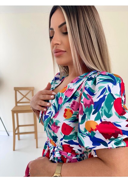 Bebe Yaka Midi Çiçekli Poplin Elbise Ekru