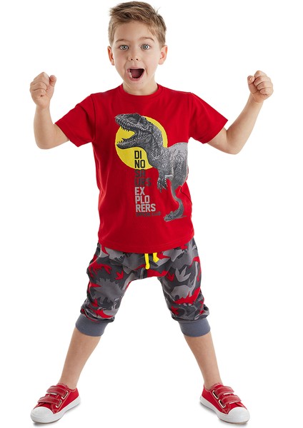 Dino Kamuflaj Erkek Çocuk T-shirt Kapri Şort Takım