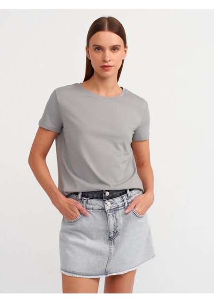 Bisiklet Yaka Basic T-Shirt-Gri