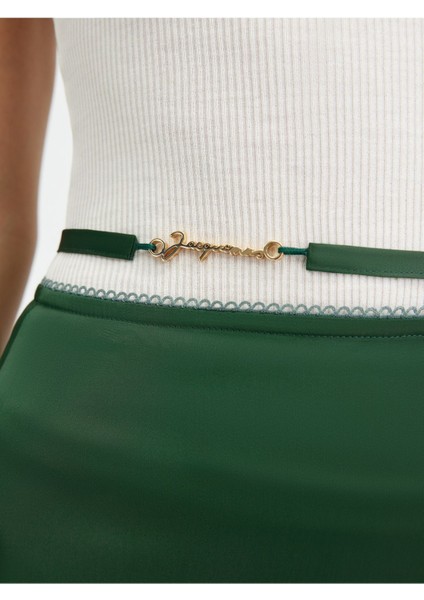 Yüksek Bel ve Uzun Yırtmaçlı Şık Satin Midi Etek