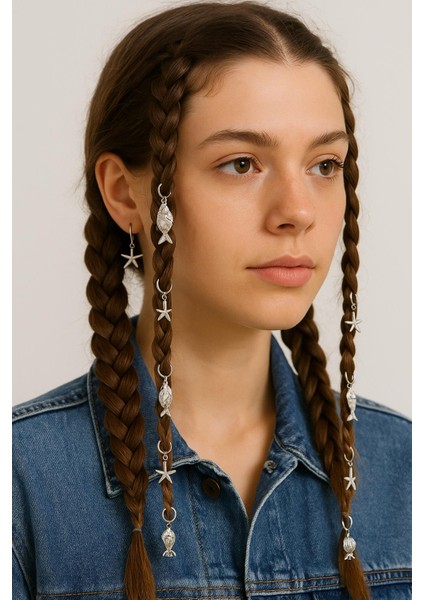 Okyanus Temalı 8'li Saç Küpesi 2 Adet Yıldız Küpe Seti