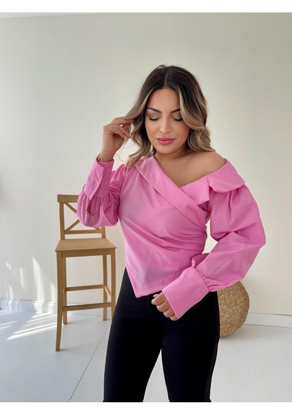 Kayık Yaka Tasarım Gömlek Pembe