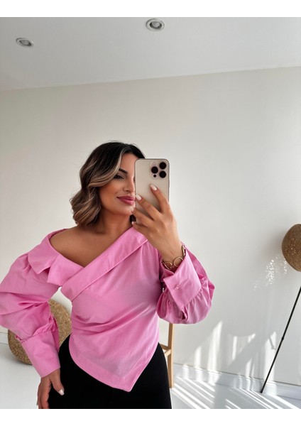 Kayık Yaka Tasarım Gömlek Pembe