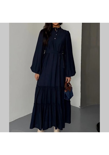 Jakarlı Keten Kumaş Düğmeli Şık elbise