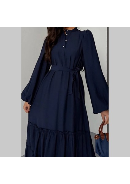 Jakarlı Keten Kumaş Düğmeli Şık elbise modelleri