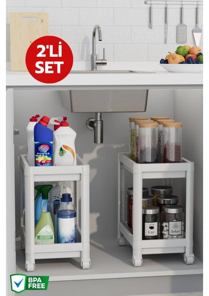 2 Adet Tezgah Altı Tekerlekli Raf Ünitesi