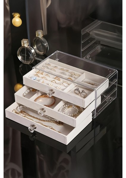 Kadife 3 Çekmeceli Modern Akrilik Takı Mücevher Kutusu Şeffaf Akrilik Organizer