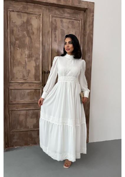 Kadın Krep Kumaş Dantel Detaylı Astarlı Elbise NBMS2533