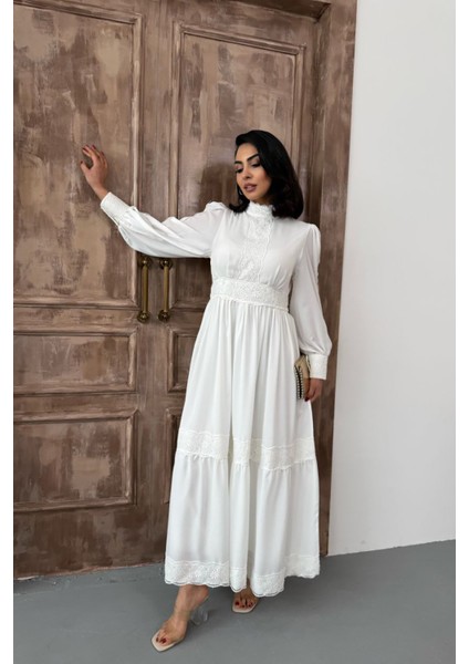 Kadın Krep Kumaş Dantel Detaylı Astarlı Elbise NBMS2533 modelleri