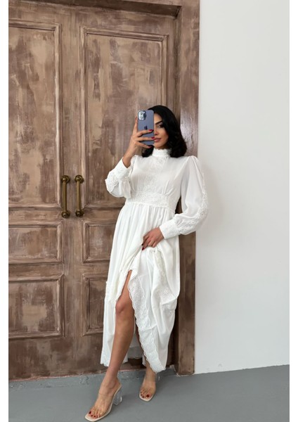 Kadın Krep Kumaş Dantel Detaylı Astarlı Elbise NBMS2533 fırsatları