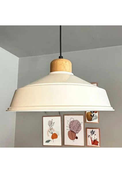 Beyaz Tekli Avize Ahşap Başlık Retro Sarkıt Lamba Restoran Salon Aydınlatma
