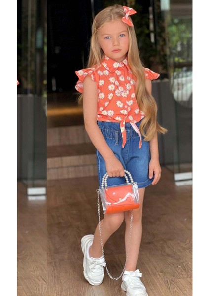 Kız Çocuk Bebe Yaka Papatya Baskılı Omzu Fırfırlı Gömlek Beli Lastikli Jean Şortlu Takım