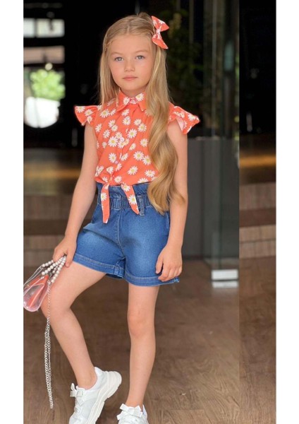 Kız Çocuk Bebe Yaka Papatya Baskılı Omzu Fırfırlı Gömlek Beli Lastikli Jean Şortlu Takım
