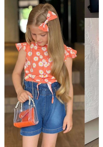 Kız Çocuk Bebe Yaka Papatya Baskılı Omzu Fırfırlı Gömlek Beli Lastikli Jean Şortlu Takım