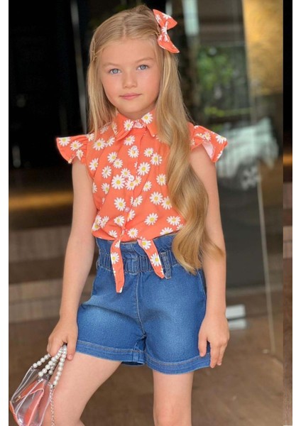 Kız Çocuk Bebe Yaka Papatya Baskılı Omzu Fırfırlı Gömlek Beli Lastikli Jean Şortlu Takım