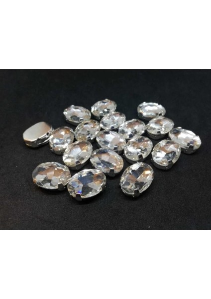 10x14(1.4cm) Kasalı Dikme Oval Cam Taş Beyaz 20 Adet