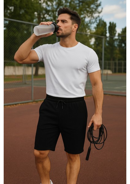 Erkek Siyah Şort - Yan Cepli Beli Lastikli Regular Fit Rahat Kesim