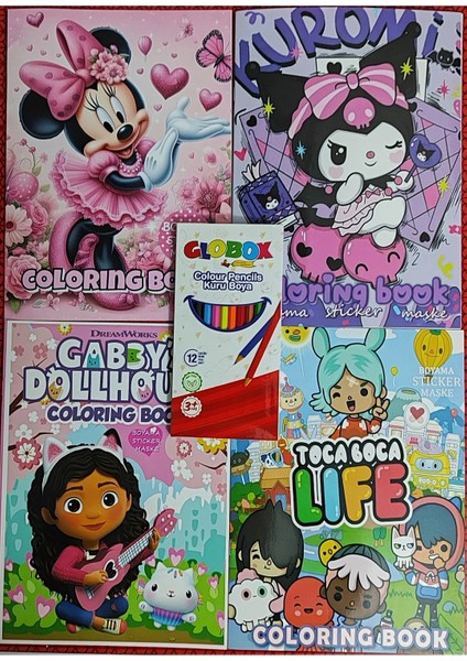 4 Adet Stickerli Boyama Kitabı ve 12 Li Kuru Boya Kalemi (Kuromi/gabbys/minnie/toca Boca)