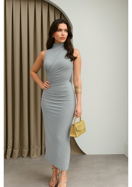 Gri Büzgülü Elbise