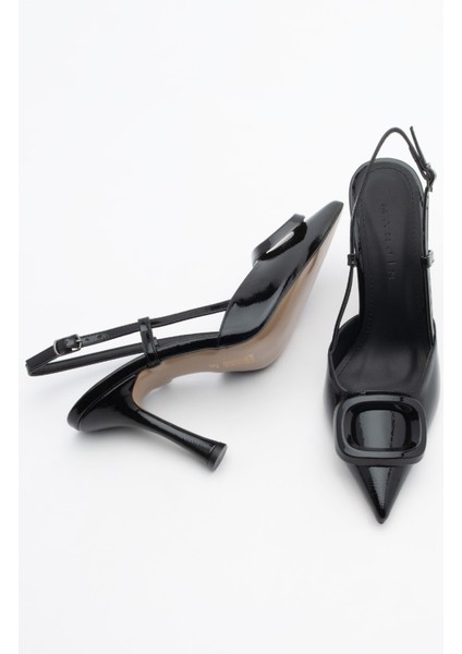 Kadın Stiletto Sivri Burun Arkası Açık Atkılı Tokalı Topuklu Ayakkabı Velton