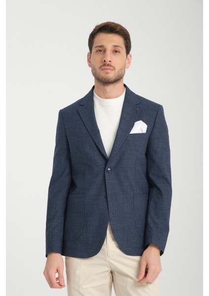 Tadic Erkek Lacivert Desenli Esneyen Kumaş Slim Fit Torba Cepli Yarım Astar 4 Mevsim Blazer Ceket